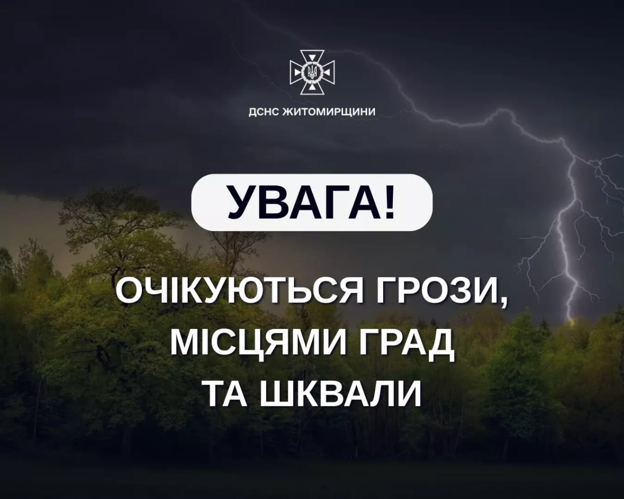 Завтра очікуються грози, в окремих районах – град та шквали 15-20 м/с (I рівень небезпечності, жовтий)